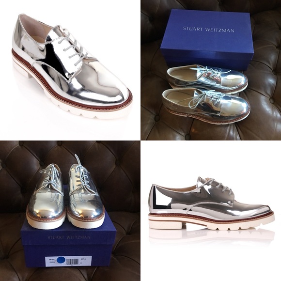 STUART WEITZMAN GLASS METRO METALLIC SILVER MIRROR BROGUES OXFORDS $645 - Picture 1 of 11